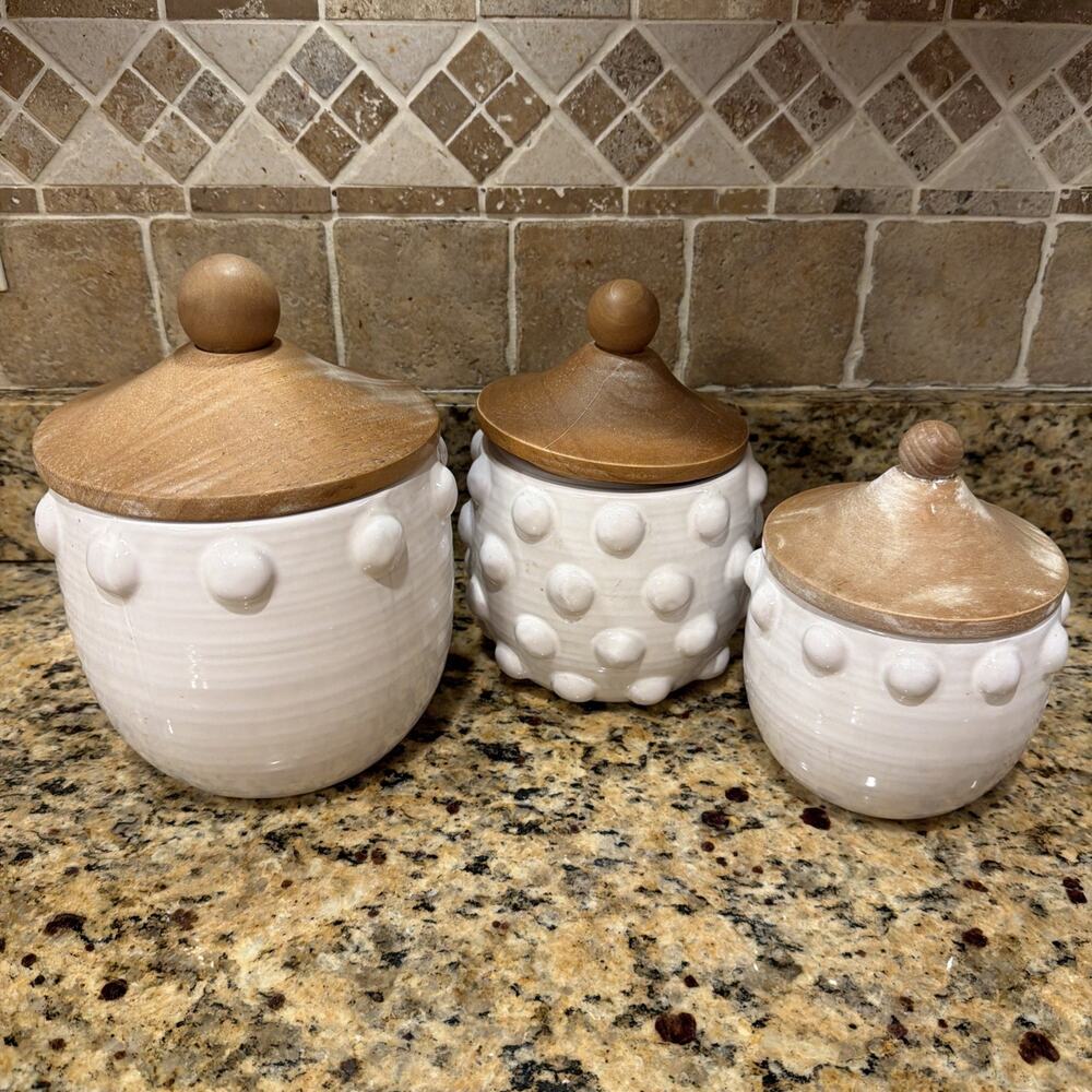 Mud Pie Raised Dotted Canister Set of 3 White Wood Farmhouse Cottage Cottagecore